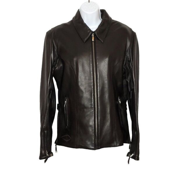 Power Trip Womens Leather Motorcycle Jacket L Vents Quilt Lining Back Pad Black - Picture 1 of 9